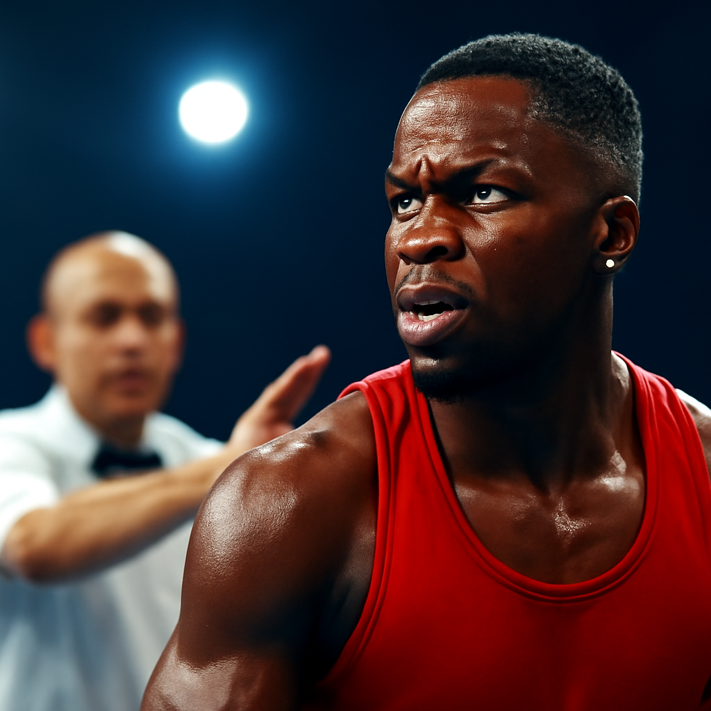 AI-generated editorial illustration for: Boxer Abdul - grandson of dictator - disqualified for headbutt