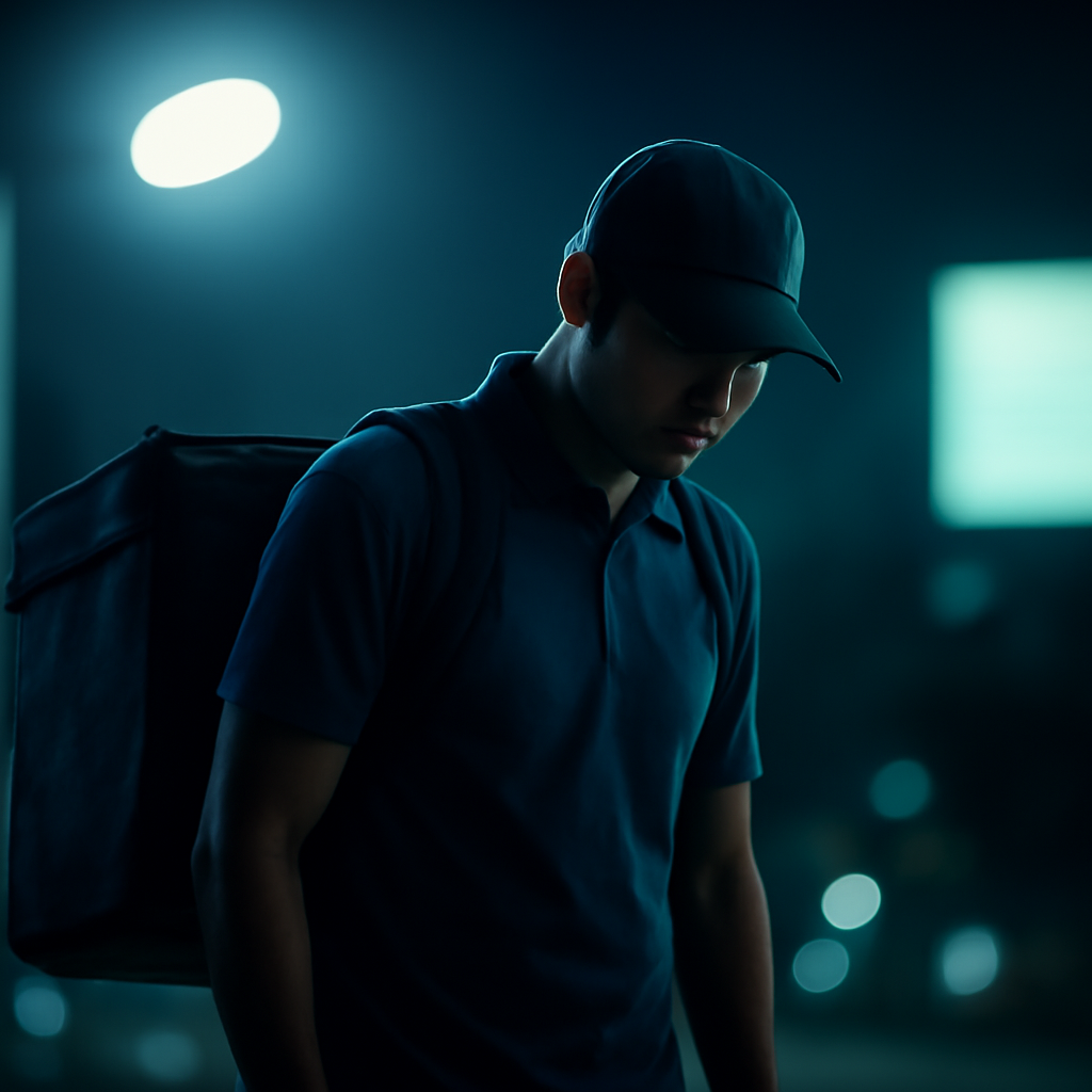 AI-generated editorial illustration for: 'It eats away at my body': The human cost of S Korea's ultra-convenient overnight deliveries
